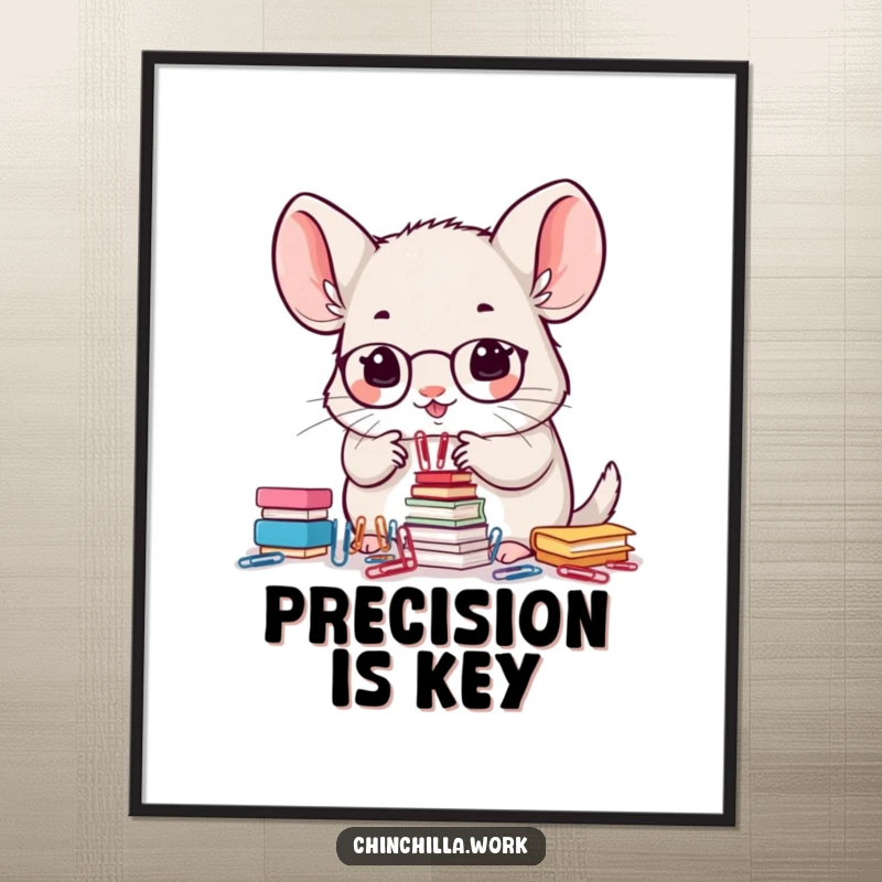 Funny poster art of a kawaii office chinchilla intently stacking small paperclips with incredible precision and focus.