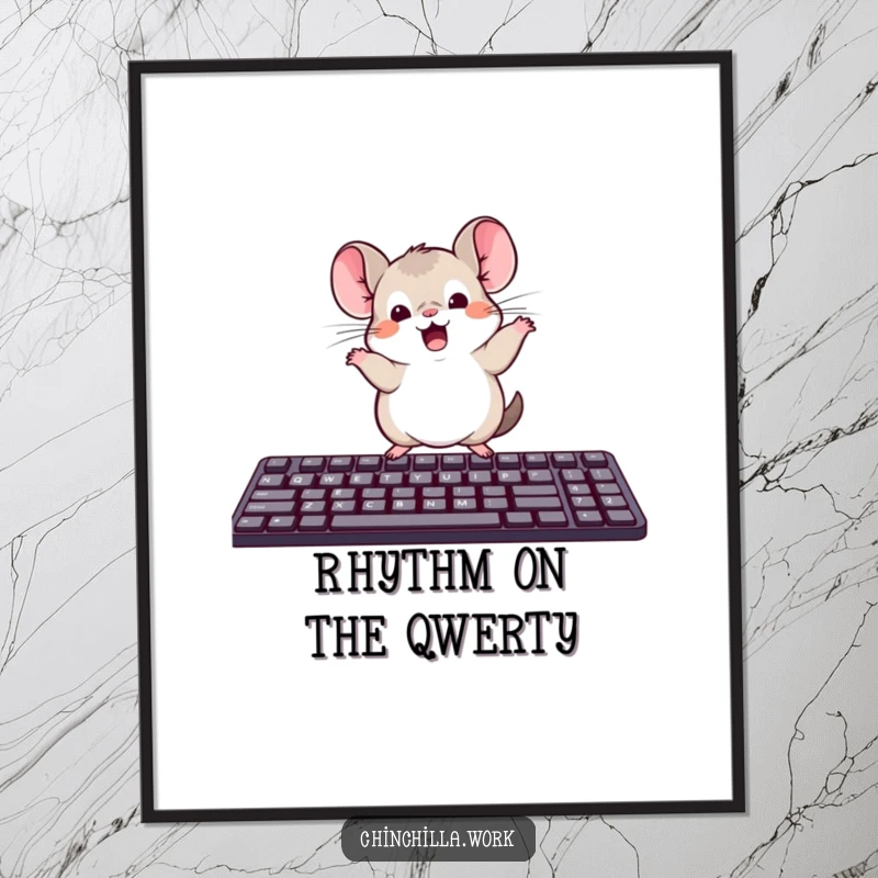 Funny poster of a kawaii office chinchilla dancing wildly on a computer keyboard, a vibrant and amusing decoration.