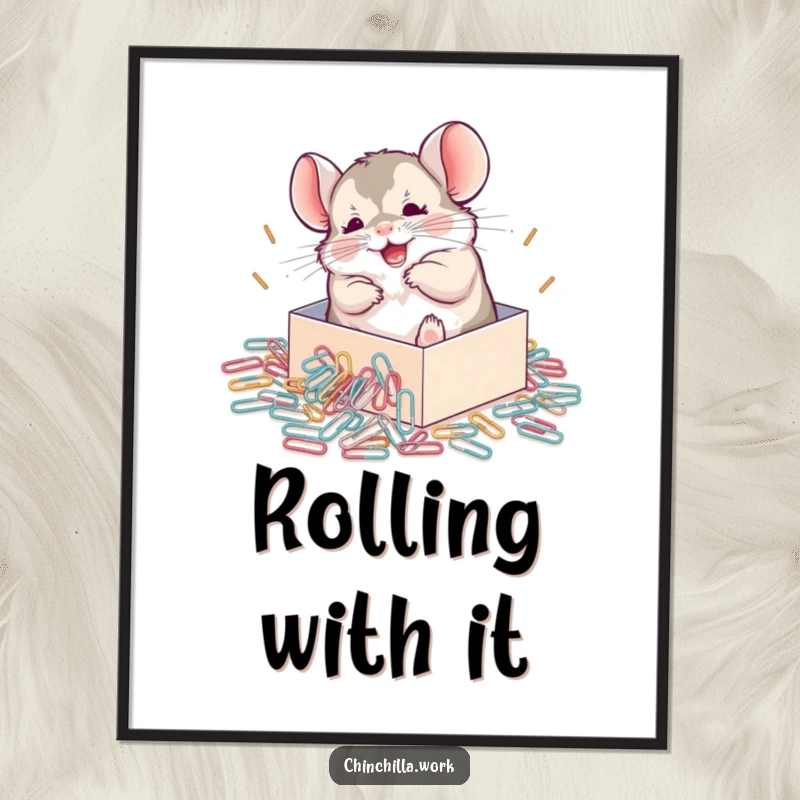 Funny Chinchilla Poster depicting a chinchilla joyfully rolling in a massive spill of paperclips, showcasing pure, uninhibited delight.