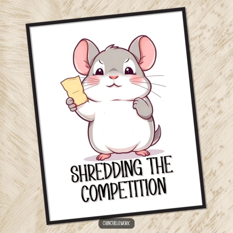 Funny office chinchilla poster, triumphantly holding a tiny paper shred, ideal for motivational and humorous desk art.