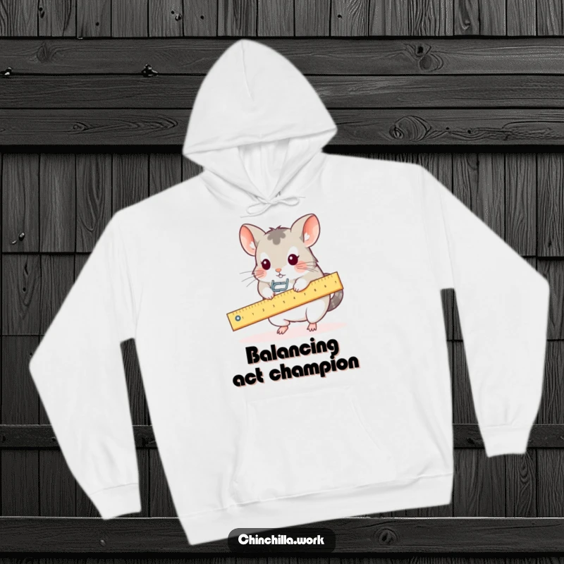 Funny hoodie featuring a kawaii office chinchilla balancing a paperclip on a ruler seesaw, capturing playful desk moments.