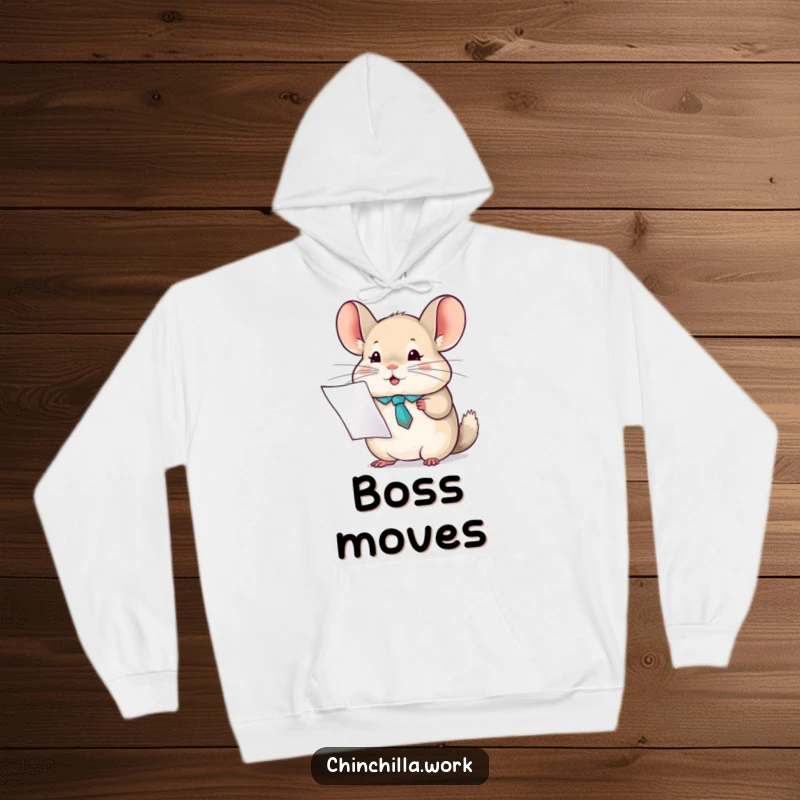 Funny chinchilla hoodie featuring a character in a tiny tie holding a report, offering warmth and professional-themed humor.