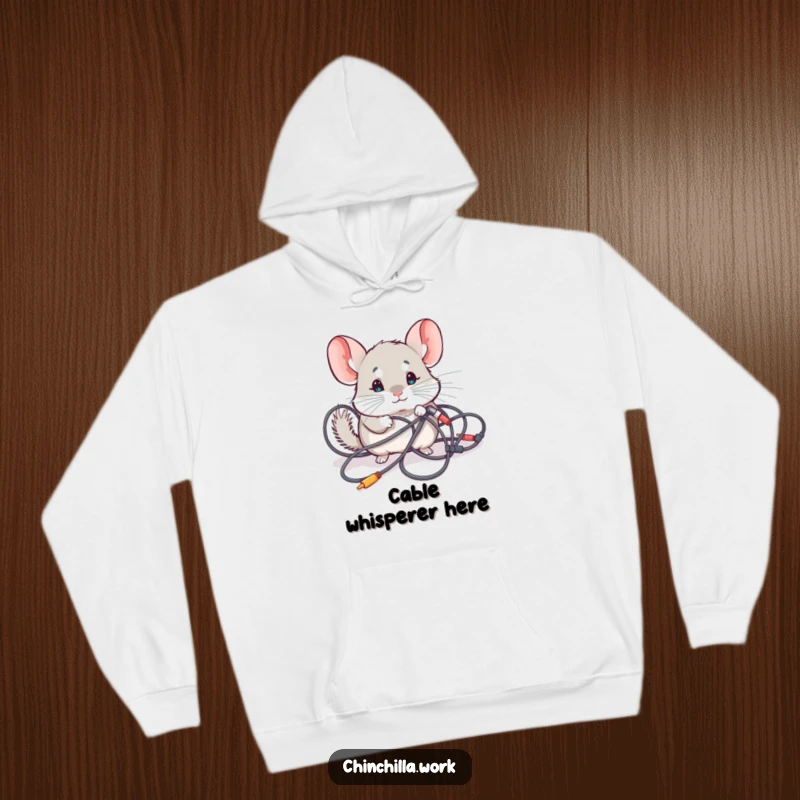 Funny Hoodie: A curious kawaii chinchilla examining a mess of tangled wires, perfect for a humorous and cozy tech vibe.