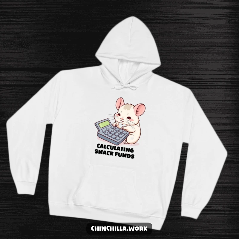 Funny chinchilla hoodie featuring a rodent deeply concentrated on a huge calculator, perfect for cozy work sessions.