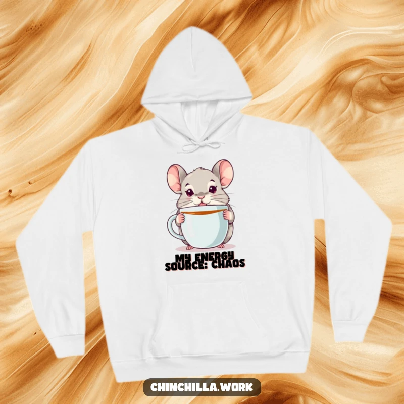 Funny chinchilla hoodie depicting an alert chinchilla with an oversized coffee mug, embodying cozy humor and caffeine addiction.