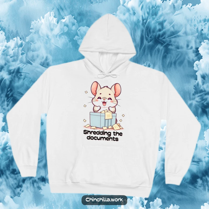 Funny kawaii chinchilla hoodie designed with a cheerful rodent joyfully shredding documents, conveying a sense of playful mischief.