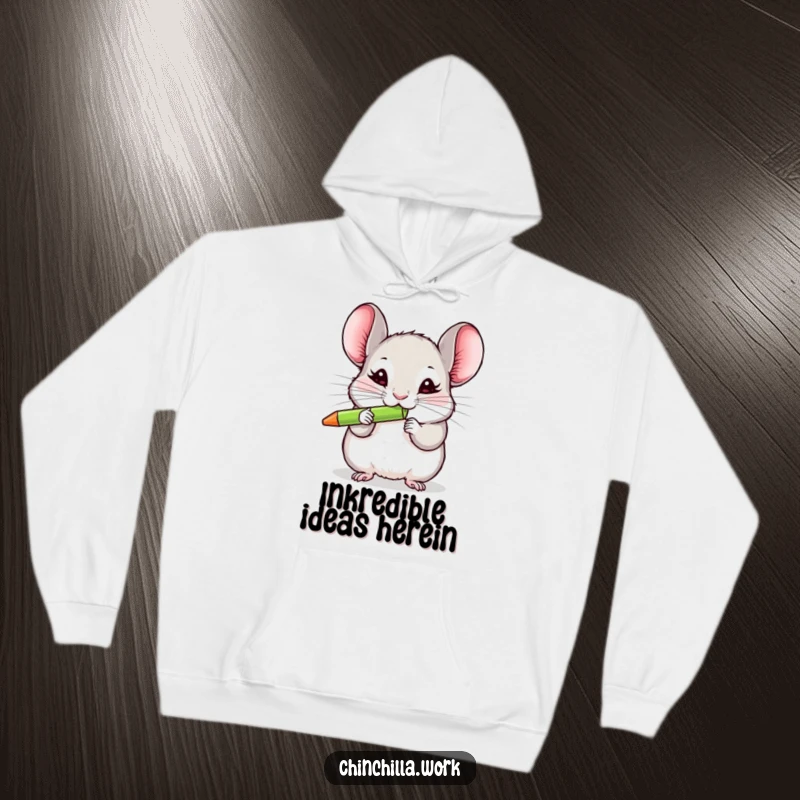 Funny chinchilla hoodie showing a cute rodent intensely chewing a bright pen, perfect for cozy humor enthusiasts.