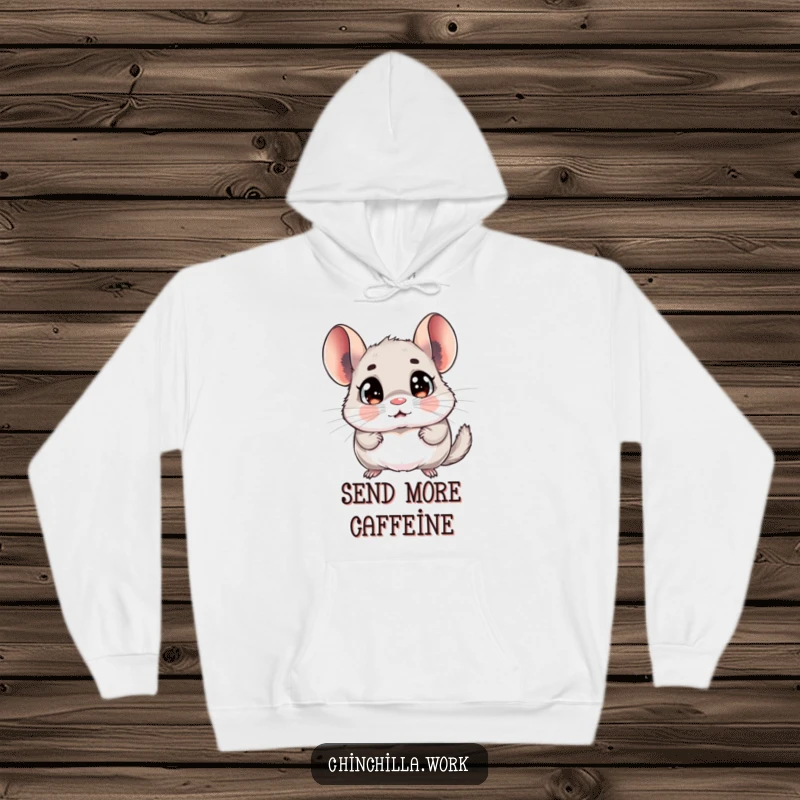 Funny chinchilla hoodie featuring a rodent with huge, surprised eyes, reacting comically to a memo, perfect for cozy shock.