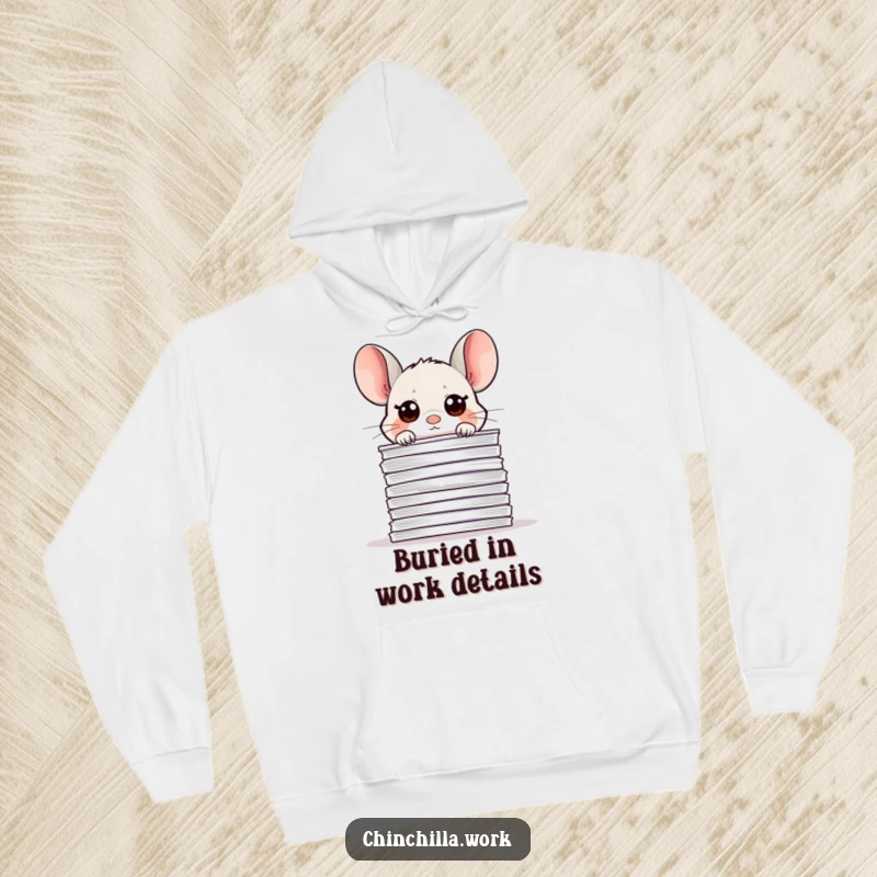 Funny cozy office chinchilla hoodie, peeking over a paper stack, offering comfort and a humorous nod to work life.