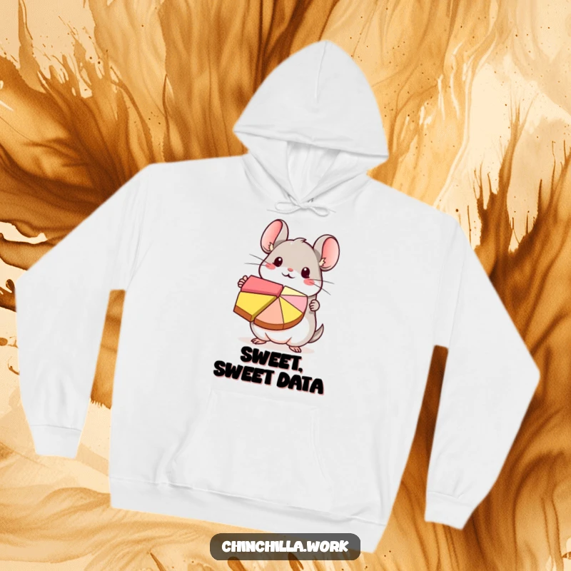 Funny kawaii chinchilla character enthusiastically presenting a colorful pie chart, featured on a warm and comfy hoodie.