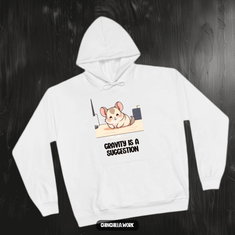 Funny sliding chinchilla hoodie illustrating a chinchilla comically gliding across a slick surface, perfect for cozy, humorous wear.