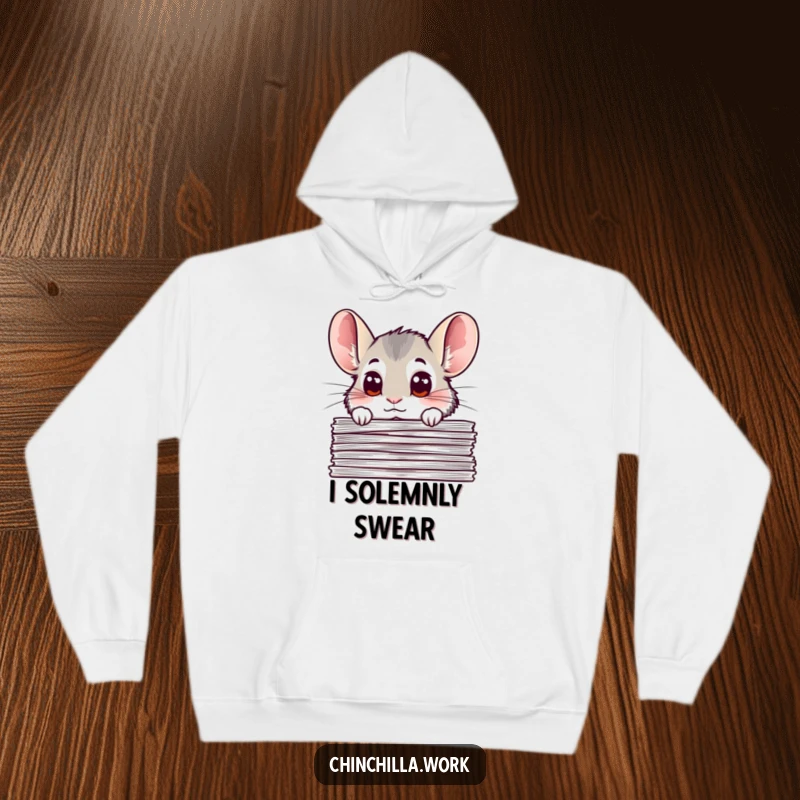 Funny chinchilla hoodie showcasing a chinchilla with wide, curious eyes peeking over a pile of important documents, radiating adorable office-related humor.