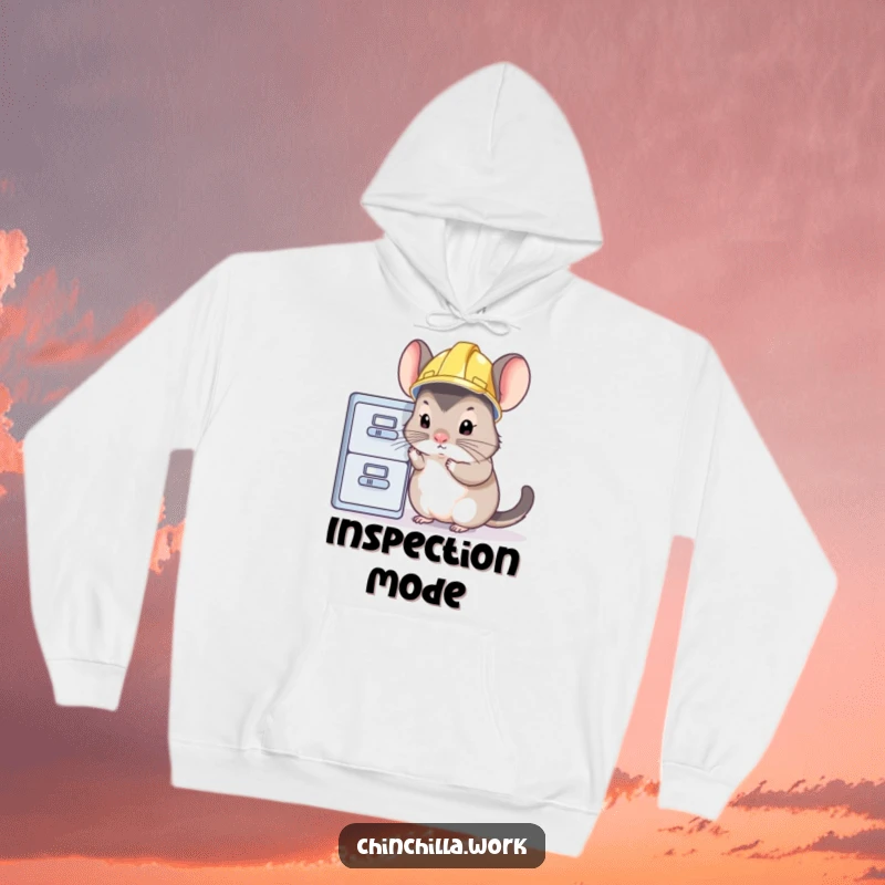 Funny chinchilla hoodie featuring a tiny hard hat-wearing rodent inspecting a file cabinet, offering warmth and humor.
