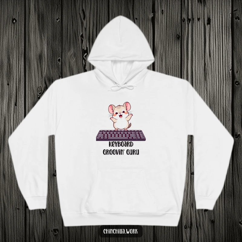 Funny hoodie with a kawaii office chinchilla doing a funny dance on a keyboard, perfect for cozy humor.