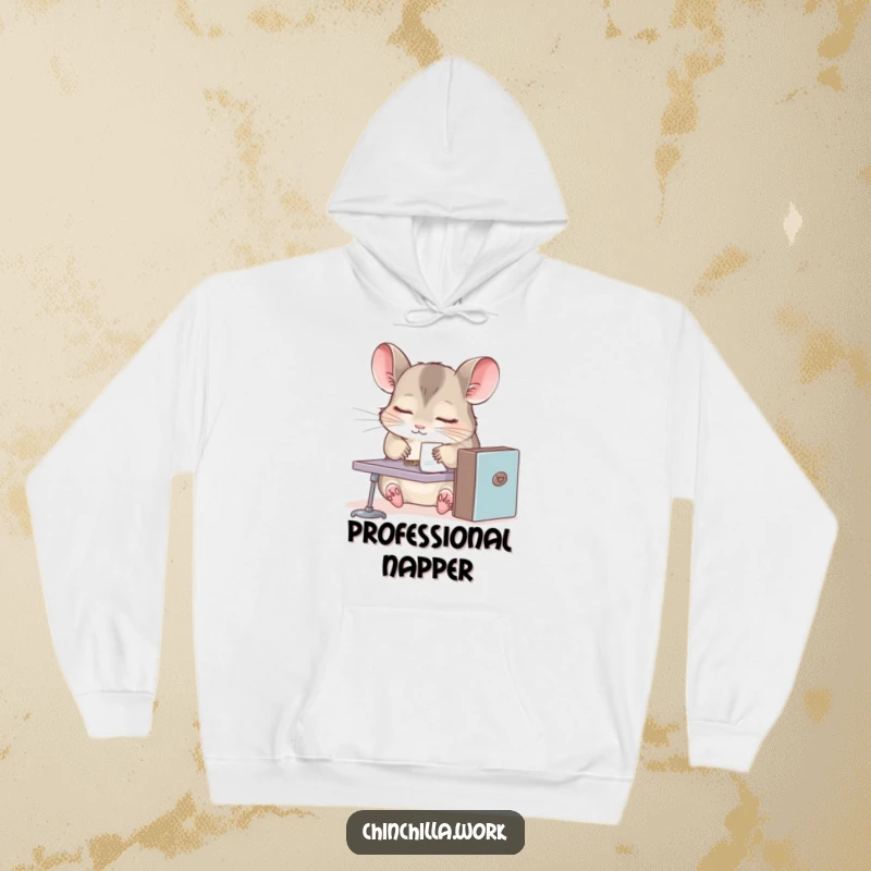 Funny chinchilla hoodie, cute rodent dozing at miniature desk, paperclip attached, conveying ultimate relaxation and office humor.