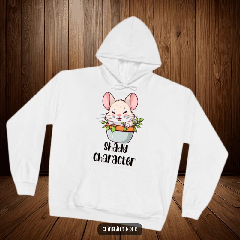 Funny Chinchilla with a mischievous expression hiding behind a leafy plant, featured on a soft hoodie for cozy humor.