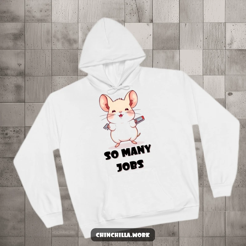 Funny hoodie featuring a chinchilla juggling staplers with impressive balance, perfect for cozying up with unique humor.