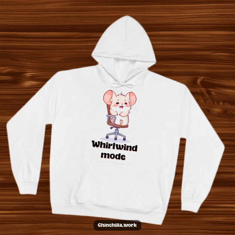 Funny chinchilla hoodie featuring a dizzying office chair spin, offering comfort and a dose of hilarious energy.