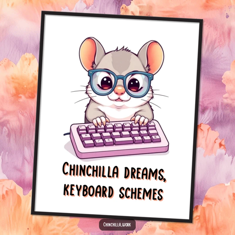 Funny Free Printable Wall Art: A determined chinchilla in oversized glasses types furiously on a tiny keyboard.