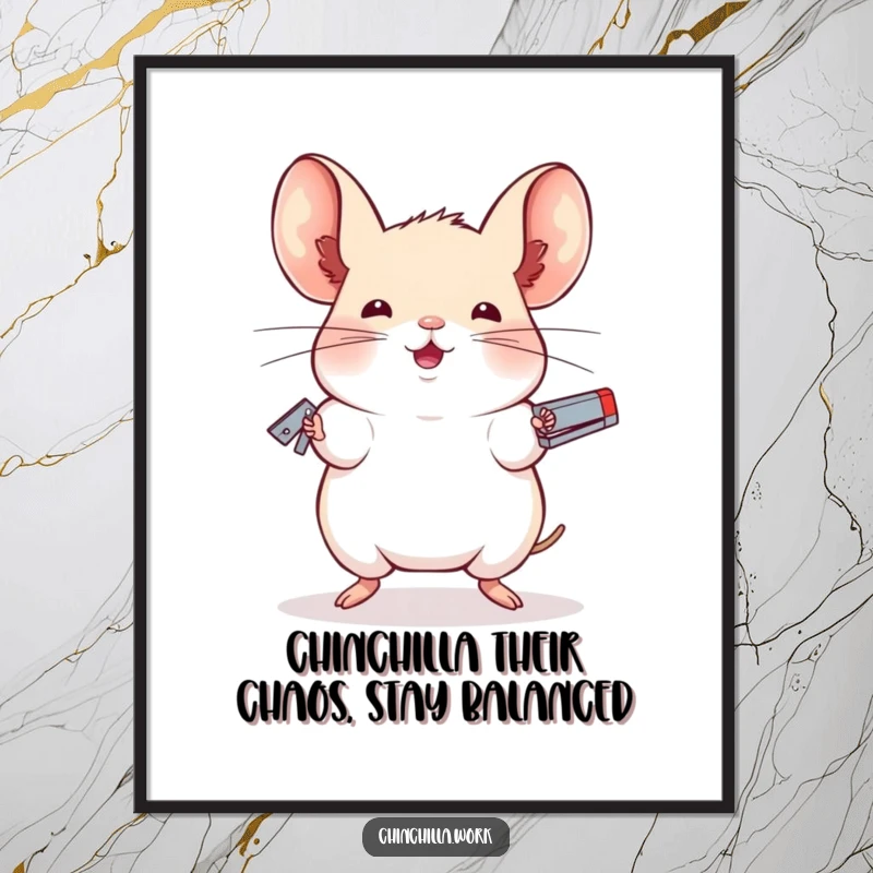Funny Free Printable Chinchilla Wall Art: A chinchilla demonstrates amazing dexterity, juggling three staplers with perfect balance.