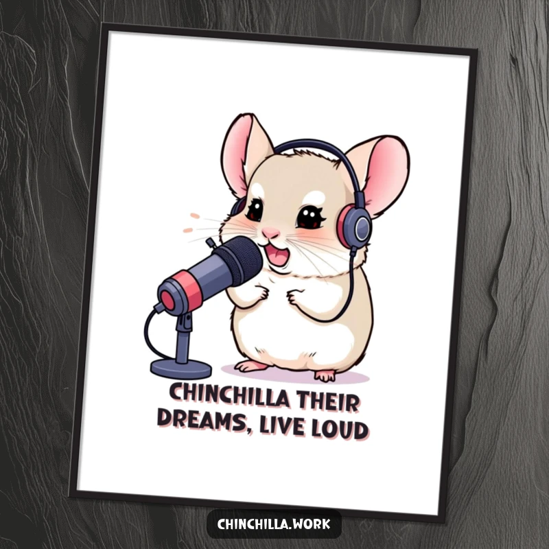 Funny Free Printable Chinchilla Wall Art: A chinchilla wearing a headset is captured mid-chuckle into a microphone, a true gamer.
