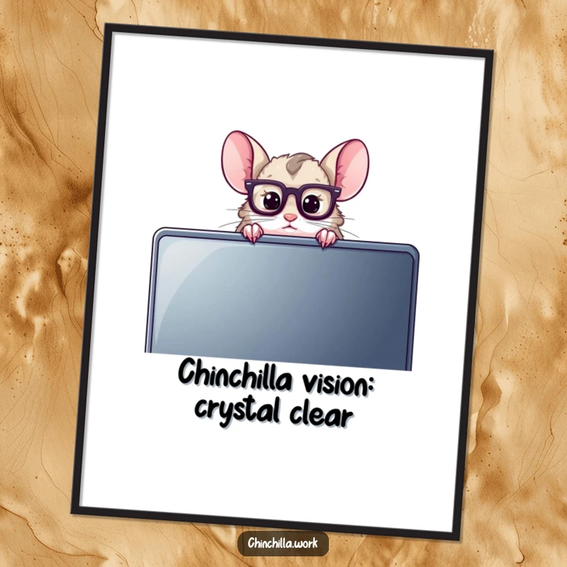 Funny Free Printable wall art of a chinchilla wearing reading glasses, peeking over a computer monitor, perfect for office humor.