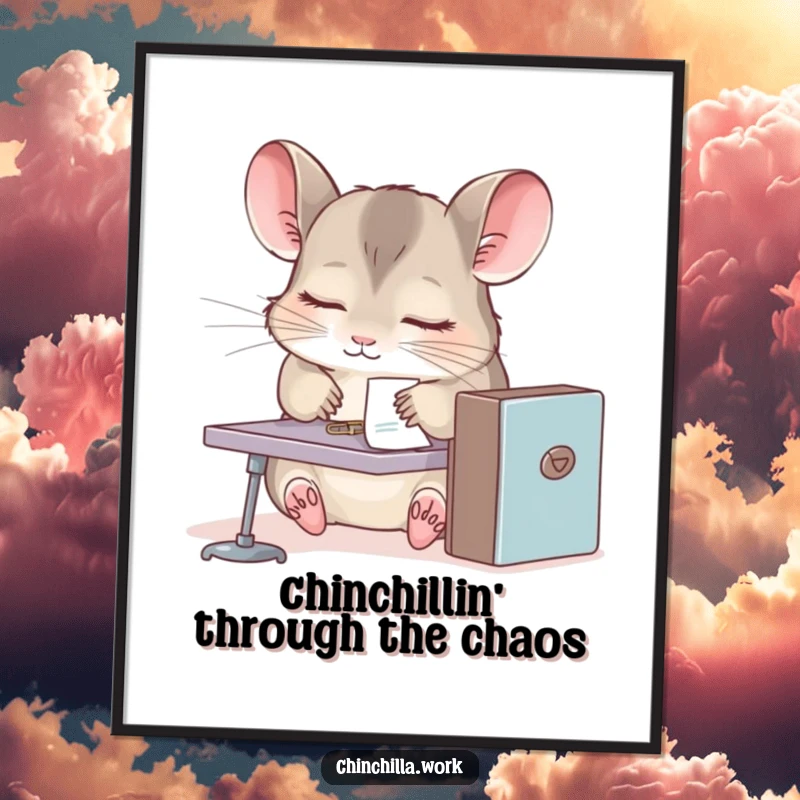 Funny Free Printable Chinchilla Wall Art: A sleepy chinchilla dozes at its miniature desk, paperclip on fur, humorous downloadable decor.