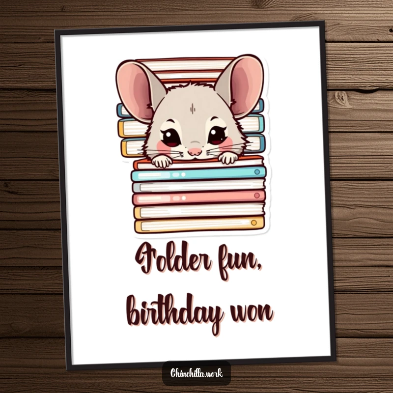 Funny Free Printable Wall Art: A chinchilla character shyly peeking from behind a stack of office folders, adding charm.