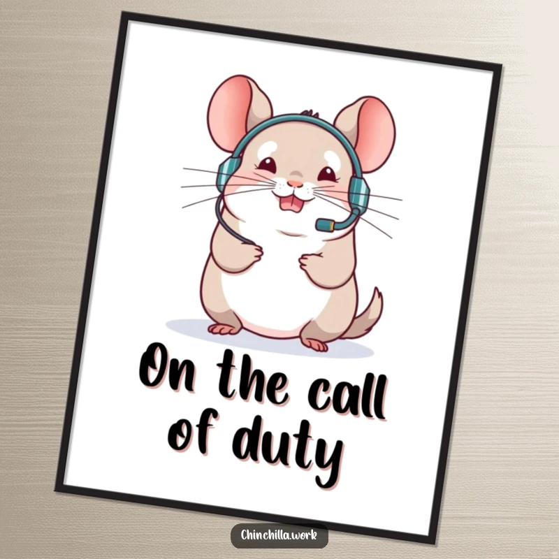 Funny Free Printable Wall Art: A chinchilla wearing a headset leads a virtual meeting with an enthusiastic expression, bringing office humor.