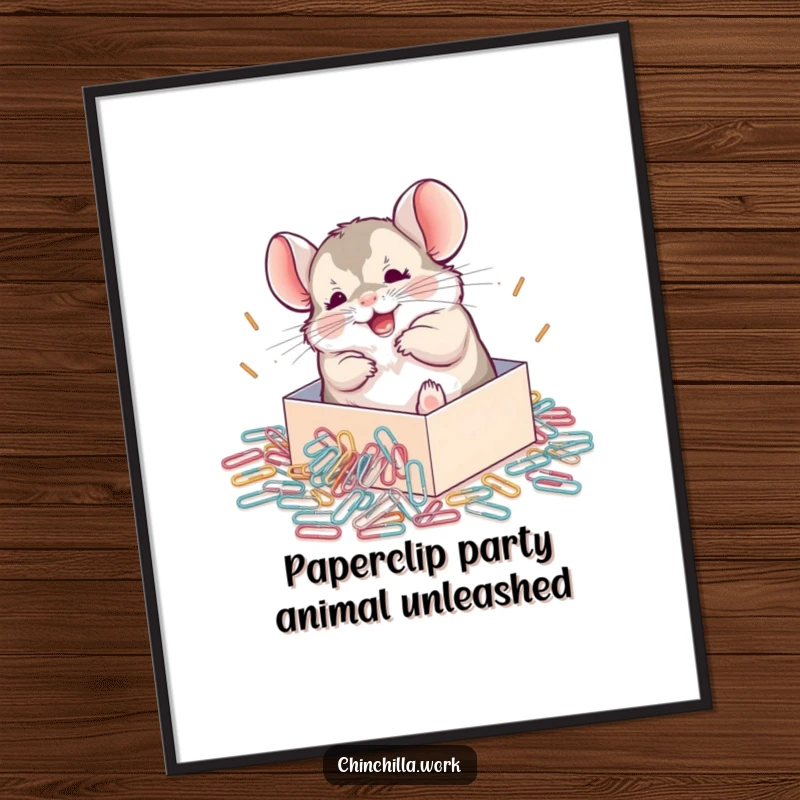 Funny Free Printable wall art of a chinchilla joyfully rolling in a spilled box of paperclips, capturing playful energy.