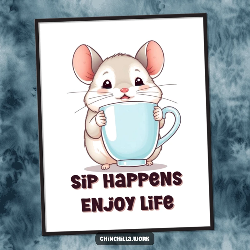 Funny free printable wall art showcasing a chinchilla ecstatically holding a steaming mug, its eyes closed in bliss, perfect decor.
