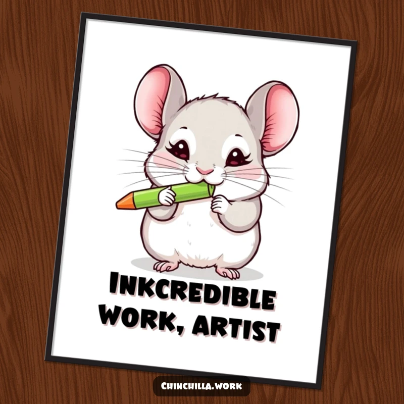 Funny Free Printable Wall Art of a chinchilla enthusiastically chewing a colorful pen, adding quirky decor.