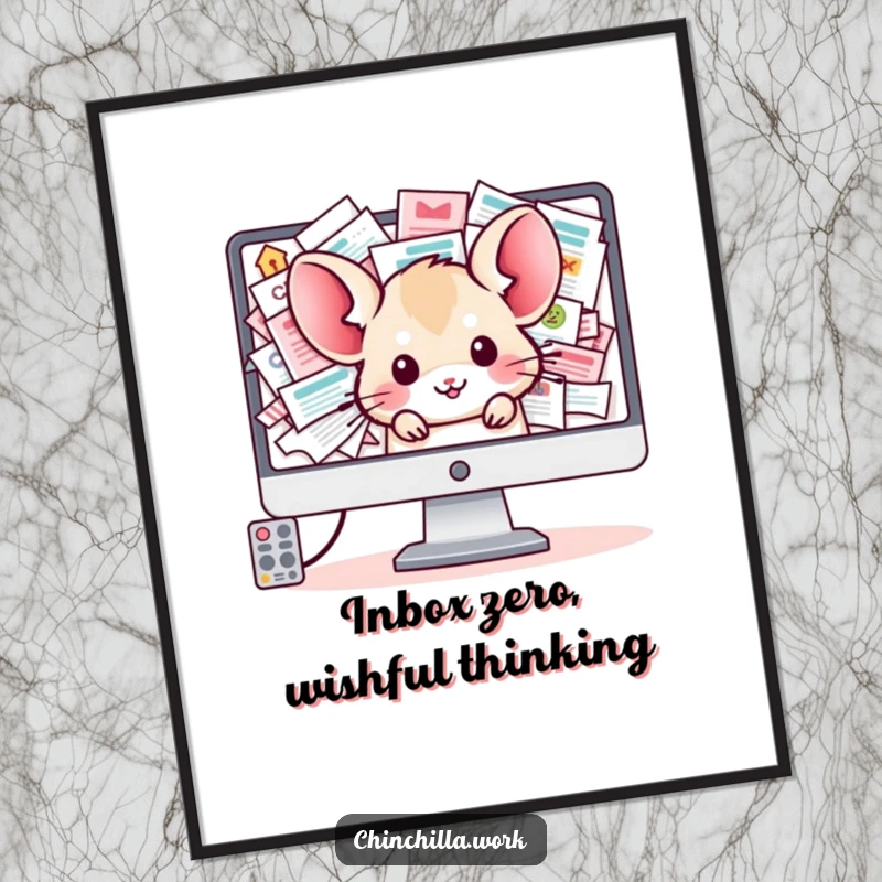 Funny Free Printable Wall Art: A cute kawaii office chinchilla peeks out from a computer screen piled high with an overflowing inbox.