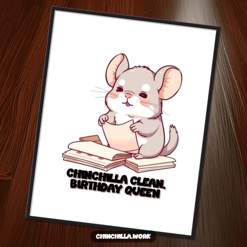 Funny Free Printable Wall Art: A kawaii chinchilla neatly organizing papers with its tiny paws, radiating cute order.