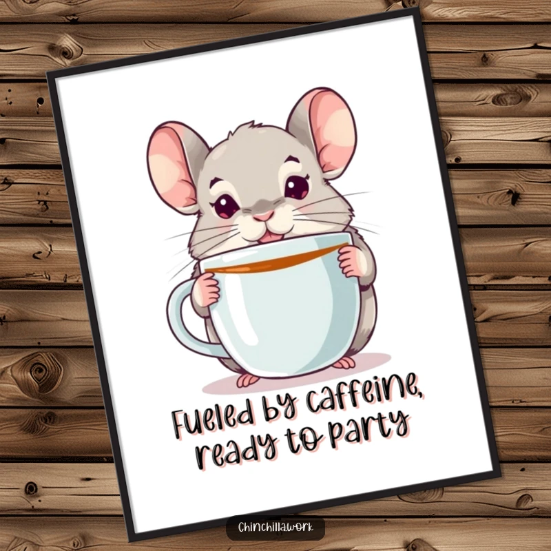 Funny Free Printable Wall Art: An alert chinchilla heroically holding an oversized coffee mug, ready to conquer.