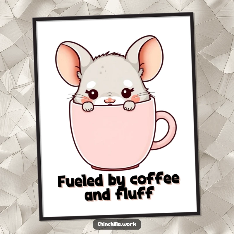 Funny Free Printable Wall Art: Kawaii office chinchilla hiding inside a coffee mug, only its ears are visible.