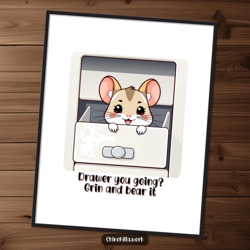 Funny Free Printable Wall Art: Adorable Chinchilla Peeking Out of a Filing Cabinet Drawer with a Mischievous Grin
