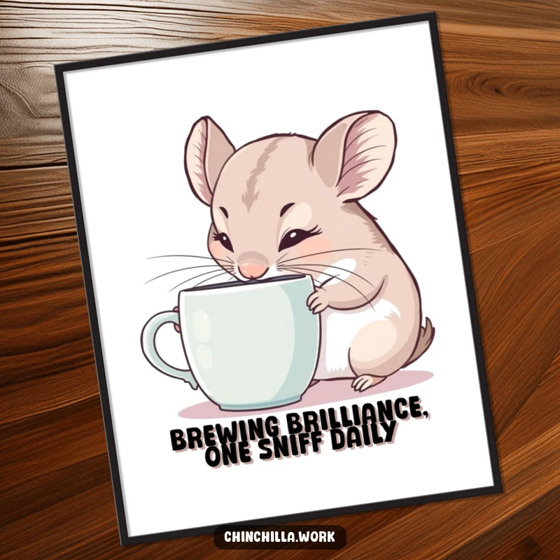 Funny Free Printable Wall Art: A curious chinchilla intently sniffs a coffee mug, ears twitching with fascination.