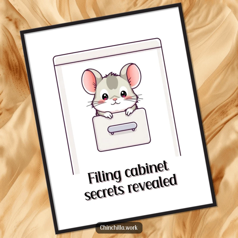 Funny Free Printable Wall Art: Chinchilla popping its head out of a filing cabinet, curious and humorous.