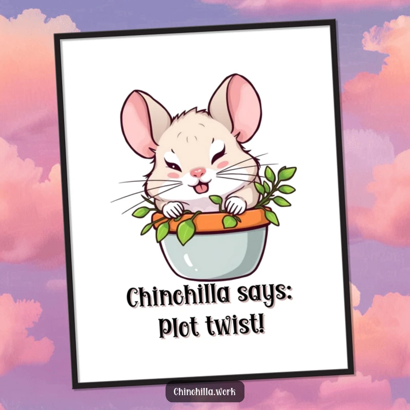 Funny Free Printable Wall Art of a chinchilla with a sly, mischievous grin peeking out from behind a large potted plant, adding humor.