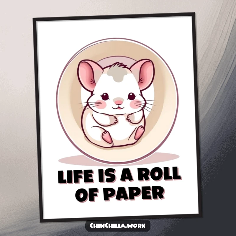 Funny Free Printable Wall Art: Kawaii chinchilla joyfully rolling inside a printer paper roll, perfect for fun decor.