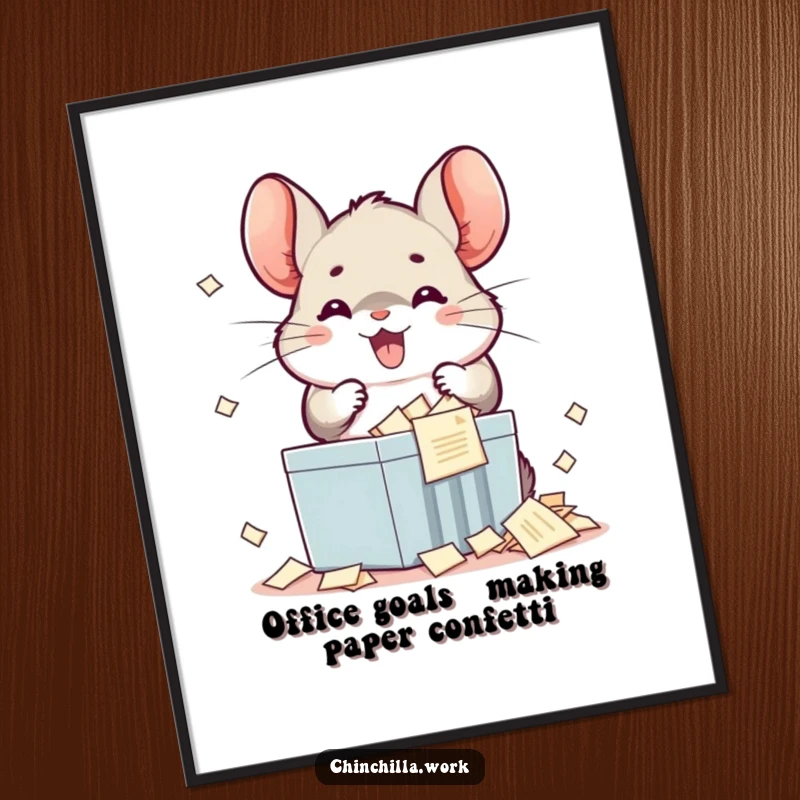 Funny Free Printable Wall Art: A cute kawaii office chinchilla with a huge smile shreds stacks of documents, embodying office chaos with joy.