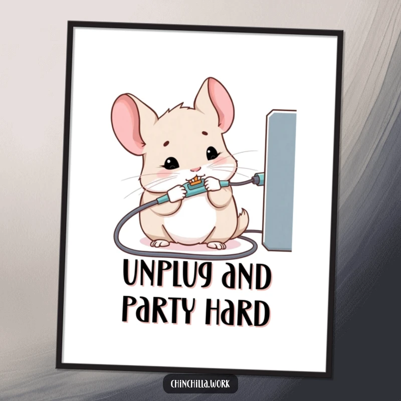 Funny Free Printable Wall Art: Kawaii chinchilla hilariously gnawing on a charging cable, perfect for quirky home decor.