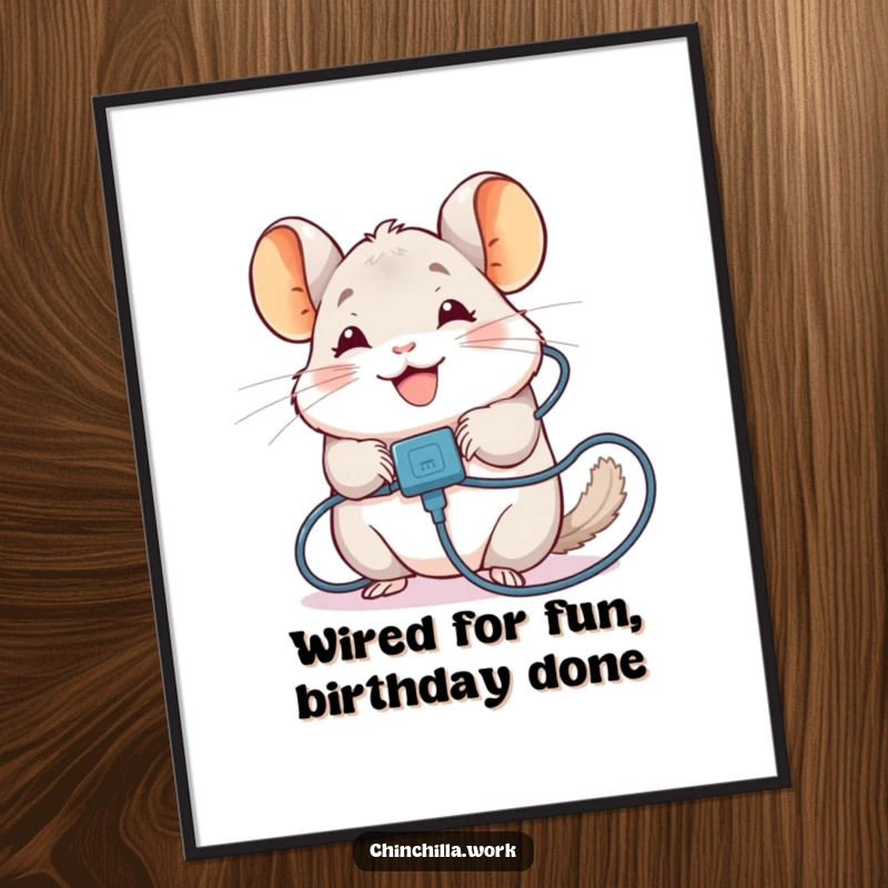 Funny Free Printable Wall Art: A chinchilla character comically tangled in a charging cable, smiling with tech-induced glee.