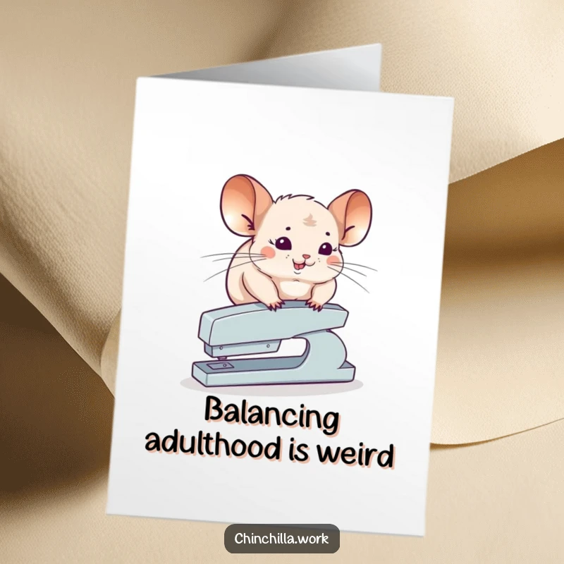 Funny Free Printable birthday card showing a chinchilla precariously balancing on a stapler, a humorous feat of agility.