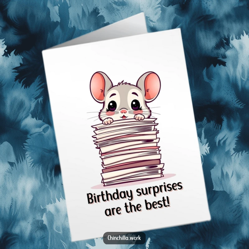 Funny Free Printable Birthday Card: Chinchilla looks utterly baffled peeking over a gigantic stack of office papers.