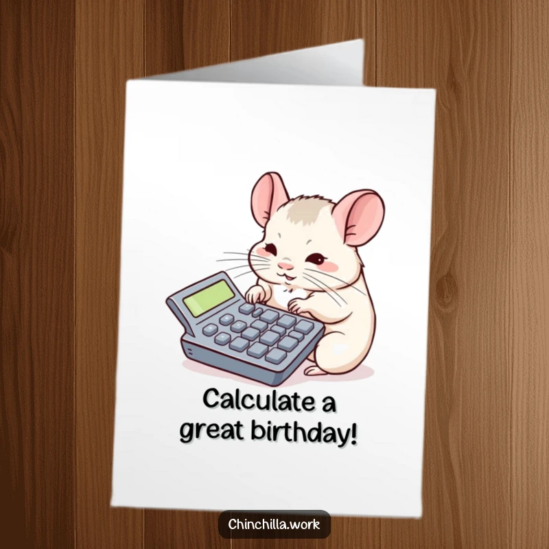 Funny Free Printable Birthday Card: A chinchilla intently types on a giant calculator, radiating concentration for a special day.