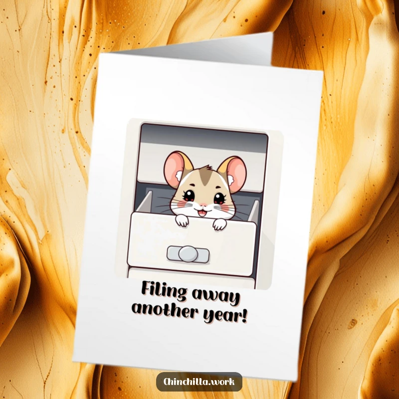Funny Free Printable Birthday Card: Mischievous Chinchilla Grinning from a Filing Cabinet Drawer