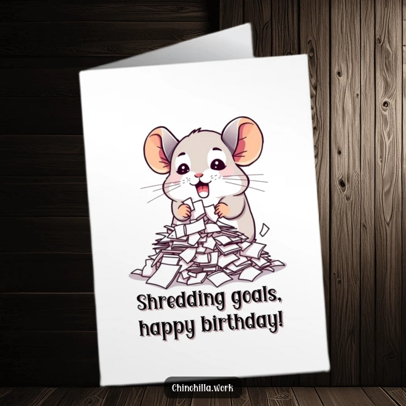 Funny free printable birthday card: a cute chinchilla gleefully shredding important papers, a chaotic celebration.