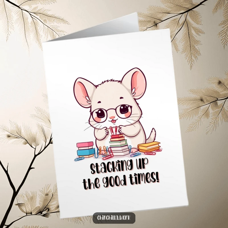 Funny Free Printable Birthday Card: A busy kawaii office chinchilla precisely stacks small paperclips, focused on its task.
